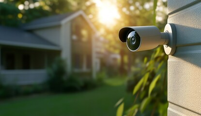 Outdoor security camera mounted on the side wall, overlooking a residential building at night.