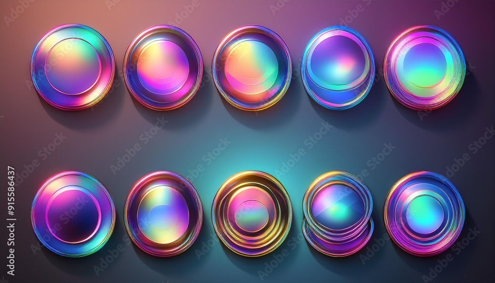 Poster set of 3d circle colorful iridescent holographic elements design