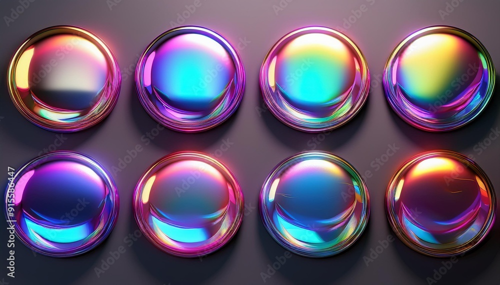 Poster set of 3d circle colorful iridescent holographic elements design