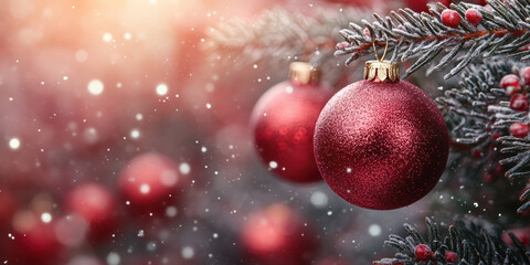 Obraz premium Decorative christmas baubles hanging from christmas tree branch. Bokeh background.