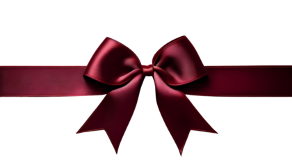 A sophisticated burgundy bow crafted from textured ribbon on a PNG Transparent background, highlighting luxury and elegance. 
