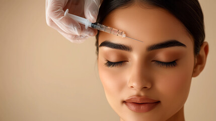 A cosmetologist makes a Botox injection into the forehead area of ​​a young woman on a beige background with copy space. Cosmetic procedure for wrinkles.