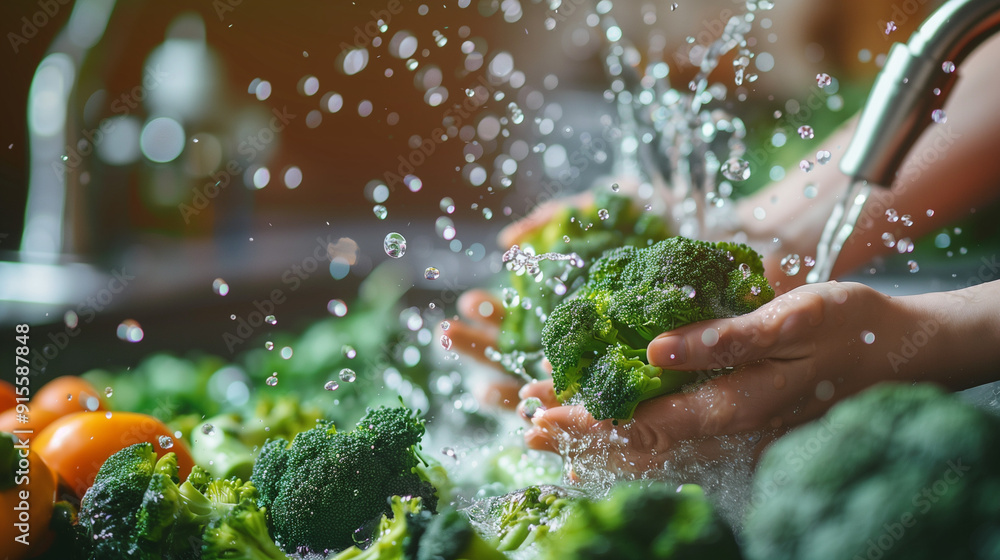 Wall mural Fresh Broccoli Being Washed Under Running Water with Splash Effect