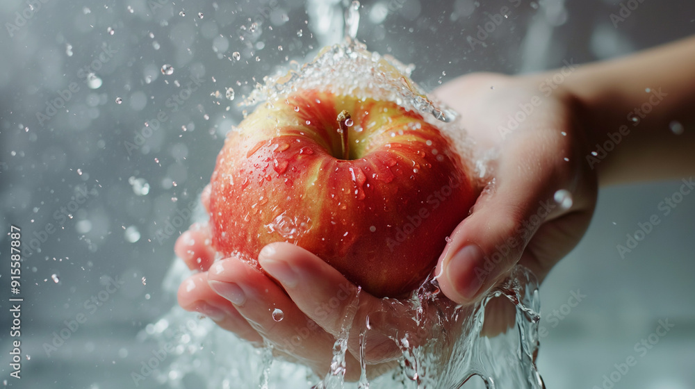 Wall mural Hands washing fresh apple under running water with  splashes, capturing freshness. Eco, organic farming of healthy superfood