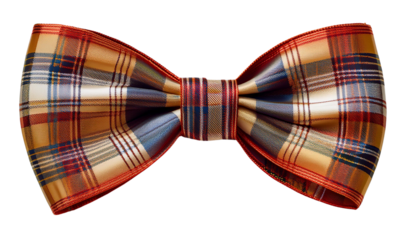 A stylish plaid bow tie featuring a blend of warm colors, isolated on a Transparent background, perfect for formal or festive occasions.
