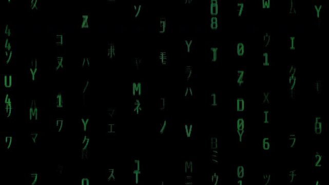 Green Japanese Characters Stream Down a Black Screen in Vertical Lines, Emulating the Iconic Matrix Code Effect.