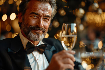 Elegant mature man in tuxedo toasting with champagne at a sophisticated event