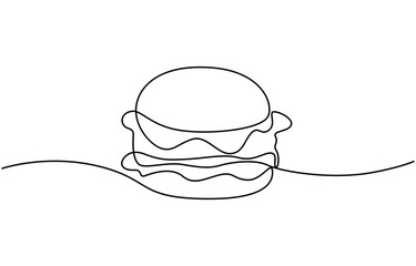 Continuous one line drawing of burger. Single line drawing of hamburger, Silhouette of fast food restaurant burger with cheese, cutlet and salad. Modern design street food logo, banner, Single line.