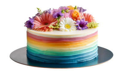 A stunning rainbow layer cake topped with an array of vibrant, fresh flowers, perfect for festive celebrations and special events.
