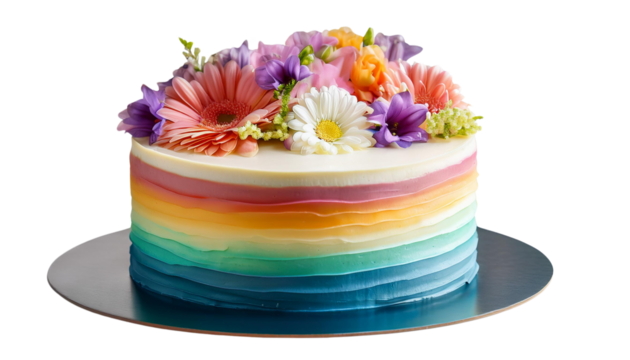 A stunning rainbow layer cake topped with an array of vibrant, fresh flowers, perfect for festive celebrations and special events.

