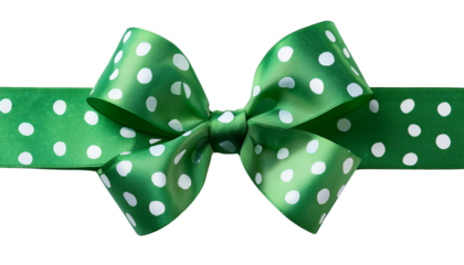 Eye-catching image of a vivid green satin ribbon bow adorned with white polka dots, perfectly formed and displayed against a PNG Transparent background.
