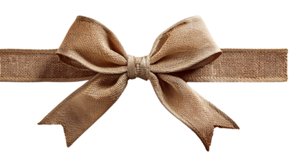 Close-up image of a handcrafted burlap bow showcasing natural texture and earthy tones, presented on a Transparent backdrop.
