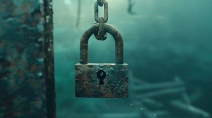 Rusty padlock hanging on a chain.