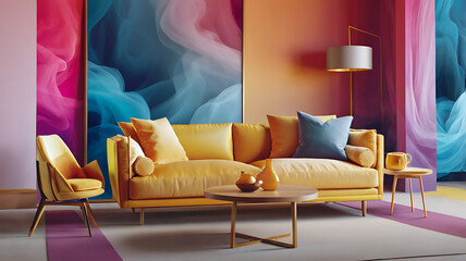 Modern, vibrant interior design image featuring a bright yellow sofa with two matching yellow cushions.