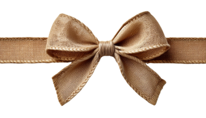 Close-up of a meticulously tied rustic burlap bow, highlighting the textured fabric's natural appeal against a PNG Transparent Background.
