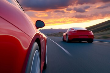 A close-up of two cars racing on the highway, with one car in front of another behind it