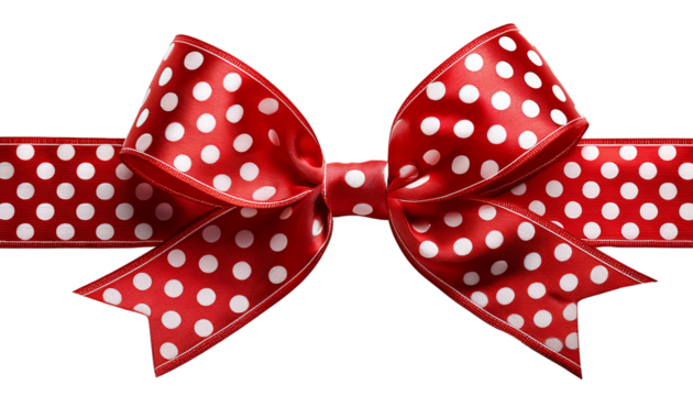 Elegant red satin bow with white polka dots, perfectly tied and isolated on a transparent background, ideal for festive or gift themes.

