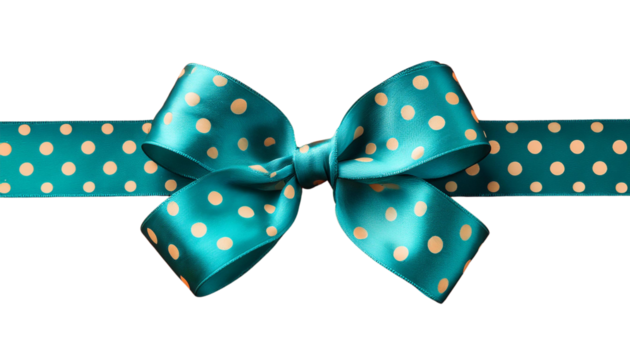 A cheerful teal satin ribbon bow adorned with white polka dots, expertly tied and displayed against a dramatic transparent background to enhance its lively color.
 - Powered by Adobe