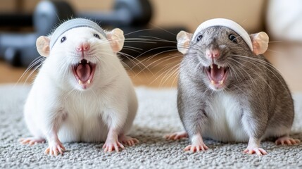 Two cute pet rats wearing matching headbands yawn on a rug, showing friendship and humor. White and grey rats with open mouths and whiskers look at the camera in a cozy indoor setting