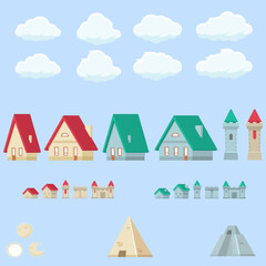 different types of  vector houses, buildings, clouds isolated and separated on green background, game assets, animation elements
