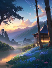 Lupine flowers on the background of the setting sun on the lake generative ai photo