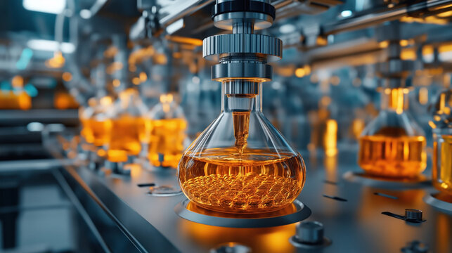 Close-up of automated machinery filling large glass flasks with orange liquid in a laboratory or industrial setting.