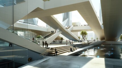 Modern architecture with water feature and pedestrians.
