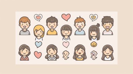 Cute cartoon characters with hearts illustration.