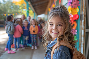 Obraz premium A young girl with long hair is smiling and wearing a blue jacket and backpack