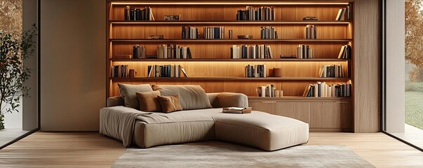 Reading nook in the living room, integrated into modern decor with comfortable seating and a well-organized bookshelf