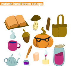 Hand drawn cartoon styled autumn objects (set) isolated on white background: book, mushroom, cinnamon, basket, mug with steam, acorn, pumpkin in mask, teapot, ink and pen, marshmallow, candle, jar.