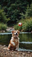 A dog is playing with a ball beside a river ai photo