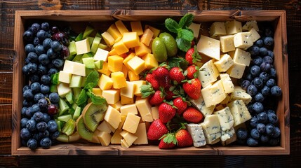 A vibrant assortment of fruits and cheeses arranged artfully on a wooden platter, perfect for gatherings and culinary inspiration.