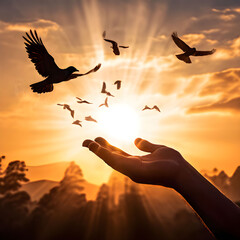 bird takes off from a hand/ dove or pigeon fly from hands/ Bird Day, Memorial Day, Freedom, hope & peace concept sunset or dawn light background