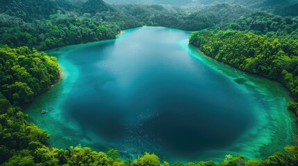 Aerial view of a tranquil lake surrounded by vibrant green forest, showcasing nature's beauty and serene environment.