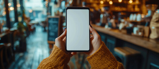 Femme utilisant une maquette de téléphone portable à écran blanc vierge dans un restaurant à des fins publicitaires et commerciales.
