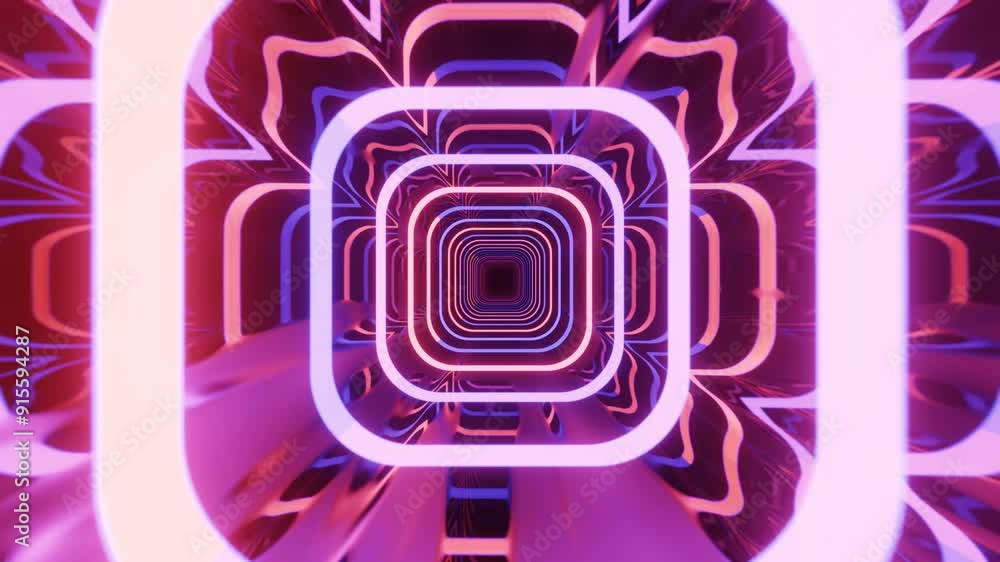 Poster 4k seamless looped animation. fly through mirror tunnel with neon pattern, glow lines form sci fi pa