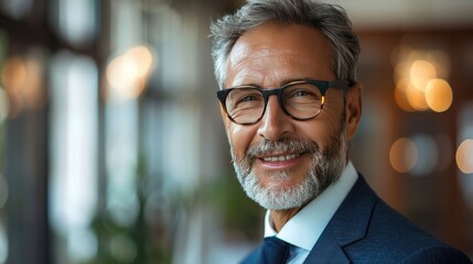Fototapeta premium Confident businessman smiling in a modern office, showcasing a professional and approachable demeanor.