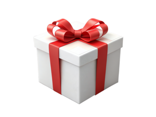 white gift box with red ribbon and bow on transparent background, png photo