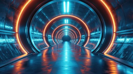 Futuristic tunnel illuminated with glowing blue and orange lights, featuring sleek metallic walls and a reflective floor for dramatic effect.