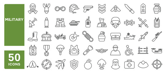 Set of 50 line icons related to military, army, weapons, helmet, gun, war, air force, tank, Editable stroke. Vector illustration