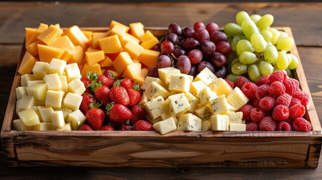 Vibrant platter of assorted cheese and fresh fruits, perfect for gatherings and celebrations, showcasing a colorful display.