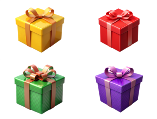yellow, red, blue, purple gift boxes set, collection isolated on transparent or white background, png .