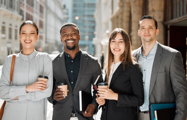 Portrait, business people and lawyers in outdoor with coffee break, diversity and collaboration as...