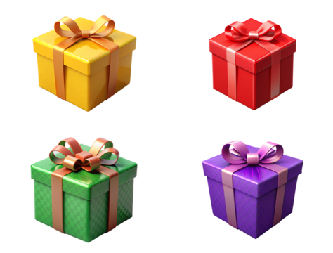 yellow, red, blue, purple gift boxes set, collection isolated on transparent or white background, png .