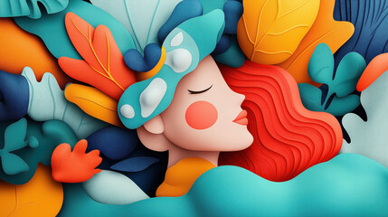 Naklejka premium Abstract illustration of a woman with closed eyes, red wavy hair, surrounded by colorful, organic shapes resembling leaves and floral elements.