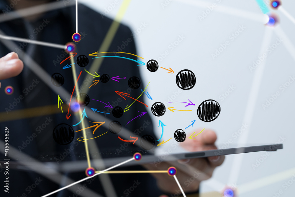 Aufkleber Global network. Blockchain. 3D illustration. Neural networks and artificial intelligence. Abstract