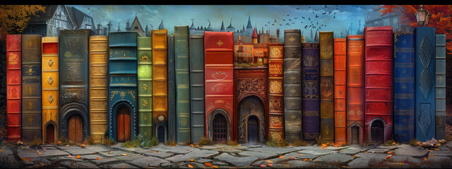 Giant books create a whimsical street scene with buildings seated on top, showcasing an imaginative blend of literature and architecture.
