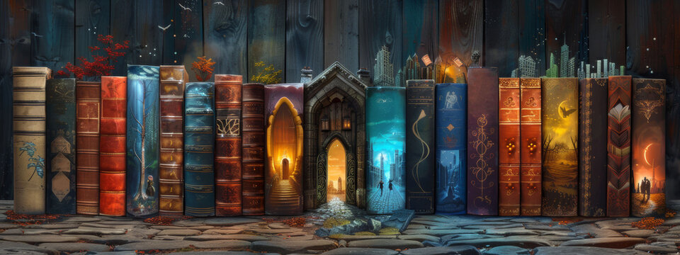 A series of creatively designed book covers forming an archway in a whimsical, fantasy setting, inviting the viewer into a magical journey.