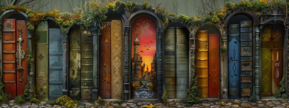 An enchanting bookshop fa&ccedil;ade with open books on display, set against a vibrant sunset and cobblestone path, evoking a sense of adventure.